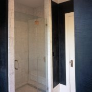 View of the bathroom's shower - View of bathroom, door, floor, flooring, interior design, plumbing fixture, property, room, shower, tile, wall, window, black