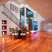 View of the interior side of the entrance apartment, ceiling, estate, floor, flooring, hardwood, interior design, laminate flooring, living room, lobby, loft, real estate, stairs, wood, wood flooring, red, gray