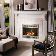 The view of a Neo Classical fireplace - fireplace, furniture, hearth, home, home appliance, interior design, living room, wood burning stove, gray, black