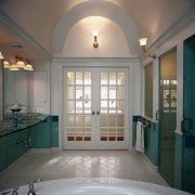 View of the entrance doors - View of architecture, bathroom, ceiling, daylighting, estate, floor, flooring, home, interior design, real estate, room, window, gray