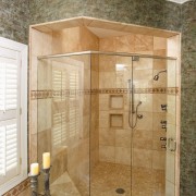 View of the luxury shower - View of bathroom, floor, interior design, plumbing fixture, room, shower, tile, wall, brown, orange, white