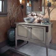 View of the vanity unit - View of bathroom, bathroom accessory, bathroom cabinet, chest of drawers, flooring, furniture, plumbing fixture, sink, table, gray