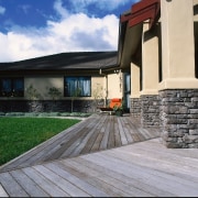 House with cream cladding and dark grey schist deck, home, house, outdoor structure, property, real estate, roof, walkway, window, gray, black