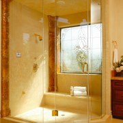 View of the shower unit - View of bathroom, floor, glass, home, interior design, plumbing fixture, room, wall, orange