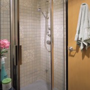 View of the shower - View of the bathroom, door, glass, interior design, plumbing fixture, property, room, shower, gray