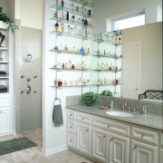 View of the bathroom vanity unit by Cosentino cabinetry, countertop, home, interior design, kitchen, room, shelf, shelving, gray, white