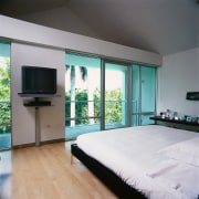 View of the bedroom, wooden flooring, large windows bedroom, ceiling, floor, interior design, real estate, room, wall, window, gray