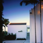 Exterior view of the house, white plastered house architecture, building, cloud, estate, evening, facade, hacienda, home, house, light, lighting, palm tree, property, real estate, residential area, sky, sunlight, tree, window, blue, gray