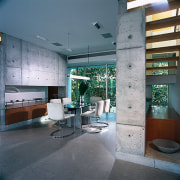 View of the dining area, polished concrete flooring, architecture, bathroom, ceiling, daylighting, floor, home, house, interior design, wall, gray