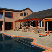 Dark blue pool with terracotta coloured paved edge, apartment, architecture, building, estate, facade, home, house, leisure, property, real estate, reflection, residential area, sky, swimming pool, villa, water, blue