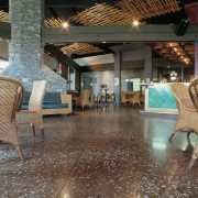 View of the hospitality area - View of ceiling, floor, flooring, interior design, lobby, brown, black, gray