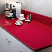 View of the countertop - View of the countertop, floor, flooring, interior design, kitchen, product, product design, red, sink, table, tap, tile, red, gray
