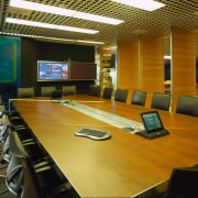 Large timber meeting room table with chairs, large auditorium, conference hall, interior design, office, brown, black