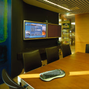 Office meeting room with audio visual control panel architecture, interior design, office, brown, black