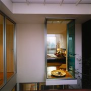 View of the cantilevered glazed section of the architecture, ceiling, door, glass, house, interior design, window, gray, black