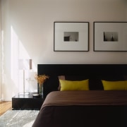 Close up view of the bedroom, white walls, bed frame, bedroom, ceiling, floor, furniture, home, interior design, lighting, living room, room, wall, gray, black