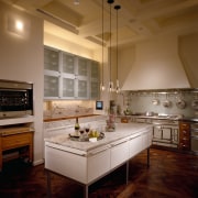 View of the kitchen - View of the ceiling, countertop, floor, flooring, interior design, kitchen, living room, room, table, wood flooring, brown