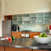 View of the kitchen area - View of architecture, cabinetry, countertop, cuisine classique, interior design, kitchen, room, gray, orange