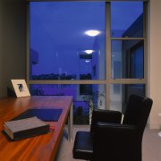 View of the study - View of the architecture, blue, ceiling, home, house, interior design, lighting, living room, real estate, room, table, wall, window, blue, black