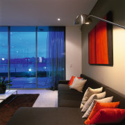 View of the living area - View of architecture, ceiling, interior design, lighting, living room, room, wall, window, black