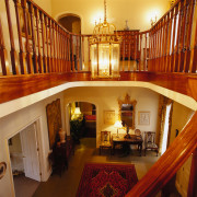 View of the stairway hall, grand wooden balcolny ceiling, estate, flooring, home, interior design, living room, lobby, real estate, room, stairs, wood, brown, orange