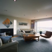 View of the living area - View of architecture, ceiling, daylighting, floor, house, interior design, living room, real estate, room, window, gray, black