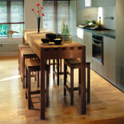 View of the dining &amp; kitchen area - countertop, dining room, floor, flooring, furniture, hardwood, interior design, kitchen, laminate flooring, room, table, wood, wood flooring, wood stain, brown