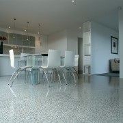 View of the dining area - View of apartment, architecture, floor, flooring, hardwood, interior design, lobby, property, real estate, table, wood flooring, gray