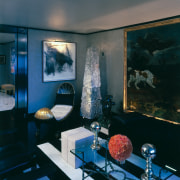 View of this living area with black and blue, home, interior design, living room, room, black