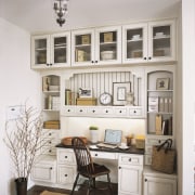 View of the desk area containing the cabinetry bookcase, cabinetry, ceiling, cuisine classique, furniture, home, interior design, living room, shelf, shelving, wall, white