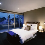 View of the bedroom - View of the architecture, bed frame, bedroom, ceiling, home, interior design, lighting, mattress, property, real estate, room, suite, wall, gray, black