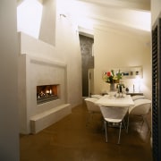 View of this dining area - View of ceiling, fireplace, floor, flooring, hearth, interior design, living room, room, wall, brown, white