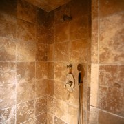 Interior view of the shower - Interior view bathroom, ceiling, floor, flooring, plumbing fixture, room, tile, wall, brown, orange