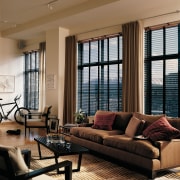 View of this living area - View of floor, home, interior design, living room, room, window, window blind, window covering, window treatment, wood, brown, black