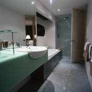 View of this home's ensuite - View of architecture, bathroom, floor, interior design, real estate, room, sink, gray, black