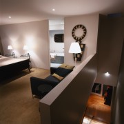 View of this home's master bedroom - View architecture, ceiling, floor, furniture, interior design, light fixture, lighting, living room, room, table, black, gray