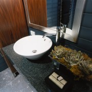 Bathroom with marble vanity, white basin bowl, large bathroom, bathroom sink, countertop, flooring, plumbing fixture, room, sink, black