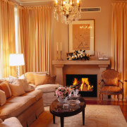 View of this living room - View of ceiling, hardwood, hearth, home, interior design, living room, room, suite, wall, window, window treatment, orange, brown