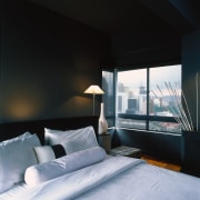 Bedroom with white bedding, dark grey walls and architecture, bed, bed frame, bedroom, ceiling, daylighting, furniture, home, house, interior design, light fixture, lighting, room, suite, window, black