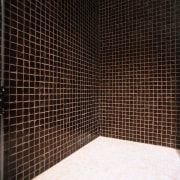 View of this mosaic tiled shower - View floor, flooring, tile, wall, black