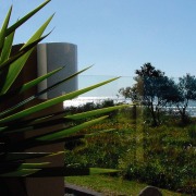 View looking fron interior to exterior view of architecture, grass, green, house, leaf, plant, reflection, sky, sunlight, tree, black, teal