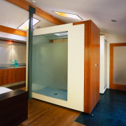 Interior view of bathroom - Interior view of architecture, cabinetry, ceiling, floor, flooring, interior design, real estate, room, wall, wood, gray, brown