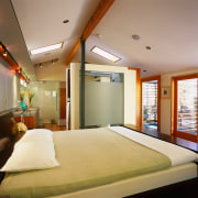 View of bedroom and bethroom - View of bedroom, ceiling, daylighting, estate, interior design, real estate, room, suite, window, brown, gray, orange