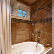 View of this bath tub - View of bathroom, estate, floor, flooring, interior design, property, room, tile, wall, brown