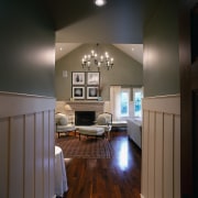 View of this bedroom - View of this ceiling, daylighting, floor, flooring, hardwood, home, interior design, kitchen, light fixture, lighting, living room, room, wall, wood, wood flooring, black, gray