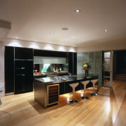 interior view showing cooling storage cabinets - interior cabinetry, countertop, floor, flooring, hardwood, interior design, kitchen, laminate flooring, living room, room, wood flooring, brown