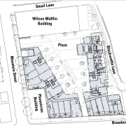 Ground level floor plan showing layout of buildings area, black and white, design, diagram, drawing, floor plan, font, line, line art, plan, product design, schematic, technical drawing, text, white