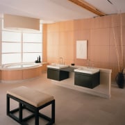 View of a bathroom, cream tiled floor, wooden bathroom, floor, flooring, interior design, product design, room, sink, tile, gray, brown