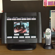 Toch screen control panel, wooden surface, dark blue computer monitor, display device, electronic device, electronics, multimedia, screen, technology, television, black
