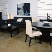 View of this dining &amp; living area - chair, coffee table, floor, flooring, furniture, interior design, living room, product design, room, table, brown